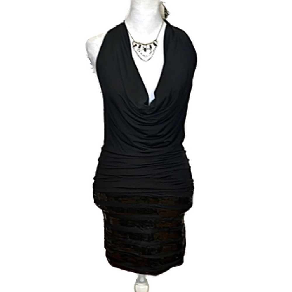 Arden B Black Cowl Halter Neck Bodycon Dress with Sequin Hem, Women's Size XS.